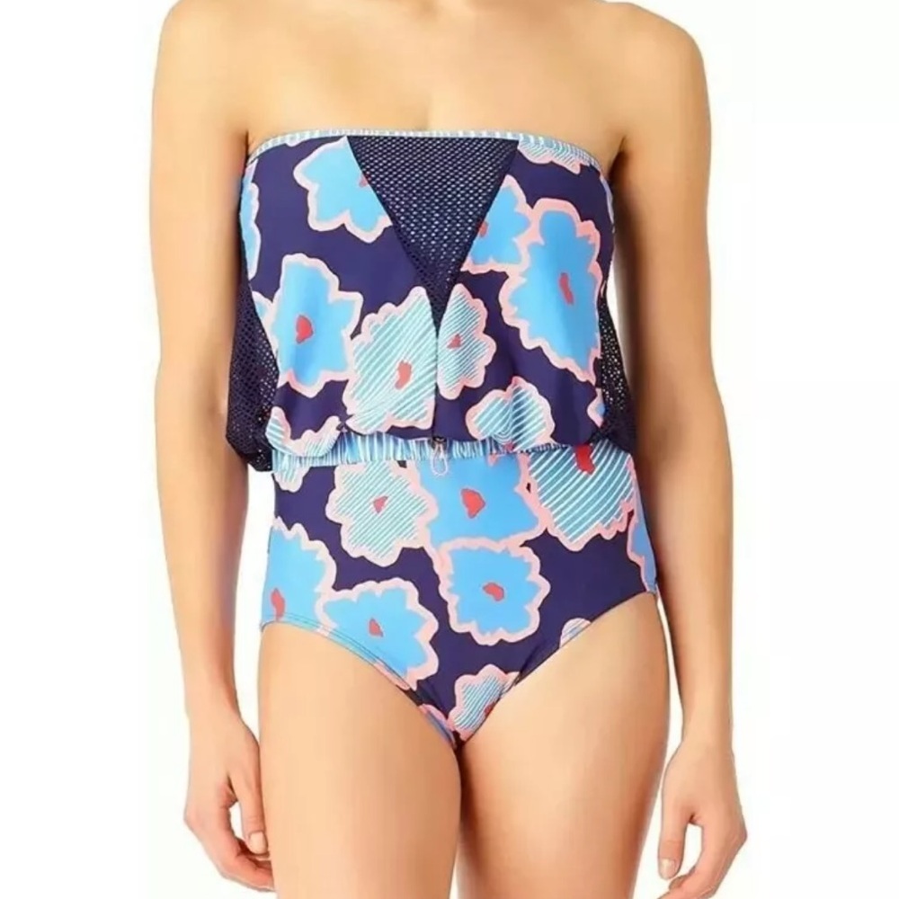Anne Cole Women Floral Mesh Strapless 1 Piece Swimsuit Multi Size 10